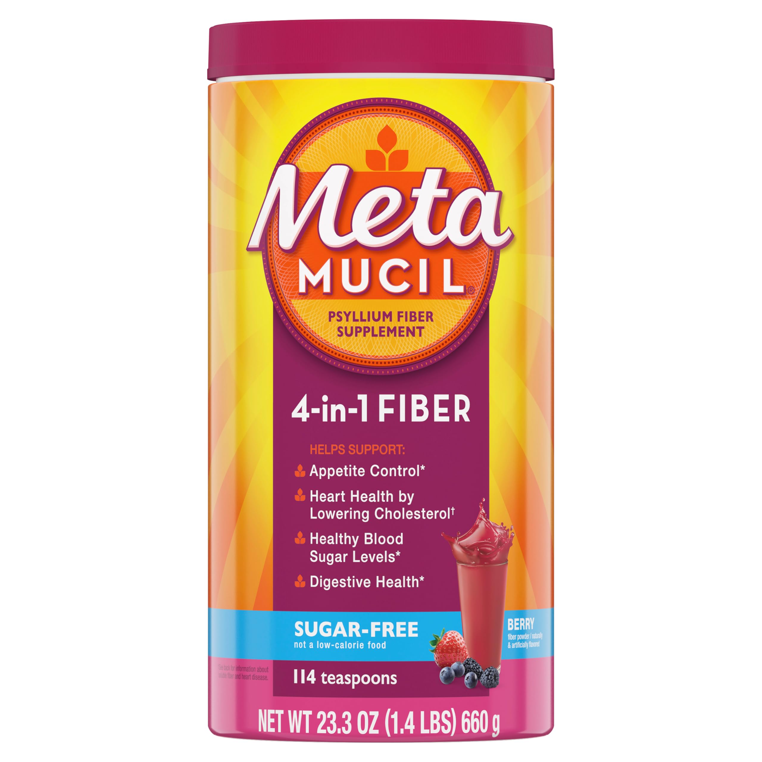 Metamucil frente del empaque mostrando 114 servicios y sabor berries, conveniencia diaria