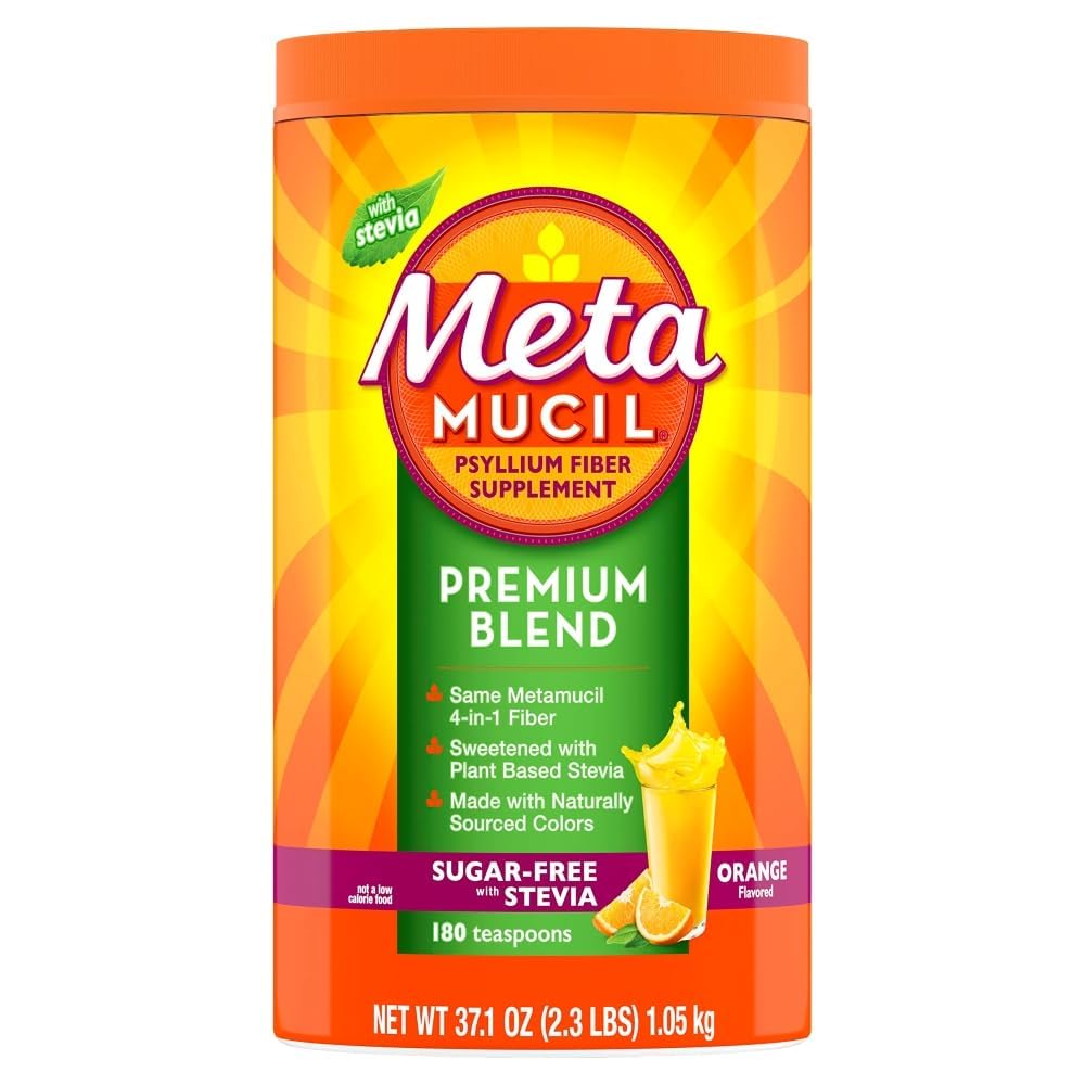 Metamucil envase frontal mostrando marca y formato 180 cucharaditas, conveniencia diaria
