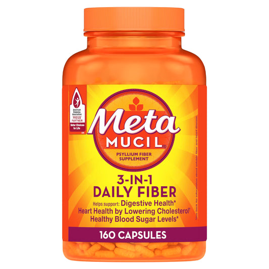 Metamucil frente del envase mostrando beneficio diario de fibra