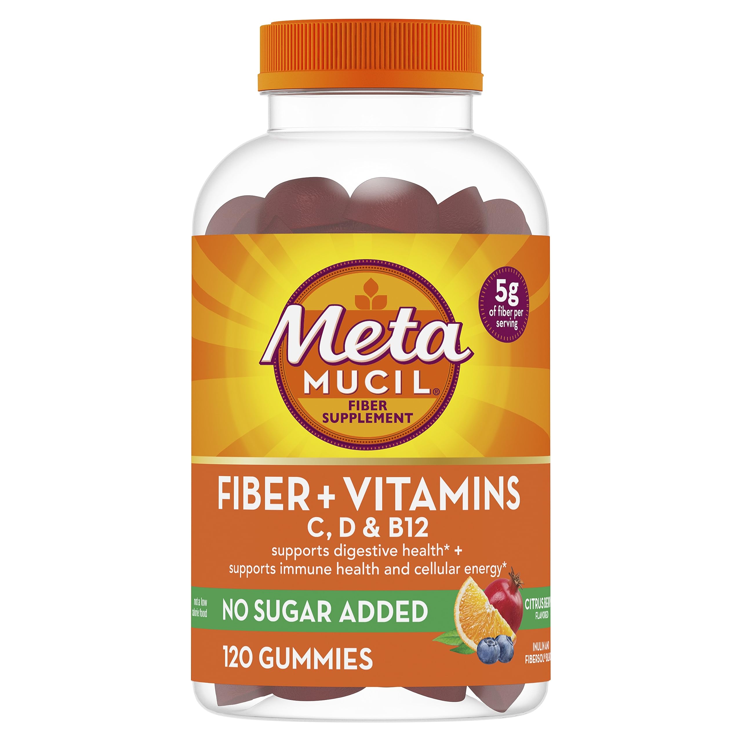 Metamucil envase frontal mostrando 120 gomitas, fácil identificación y ahorro