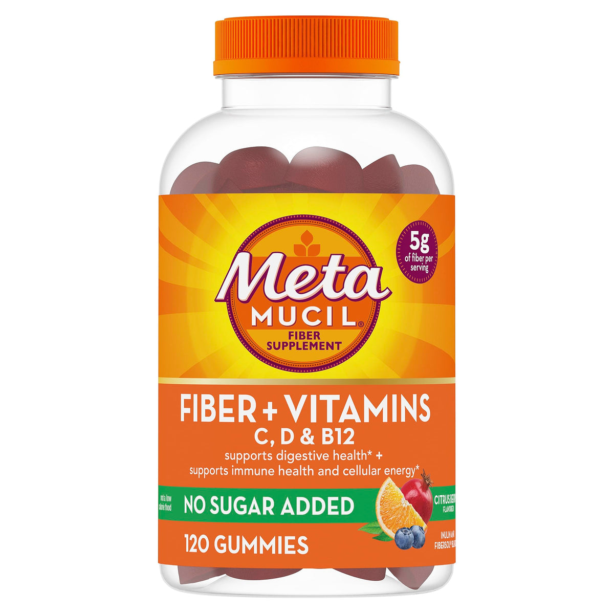 Metamucil envase frontal mostrando 120 gomitas, fácil identificación y ahorro