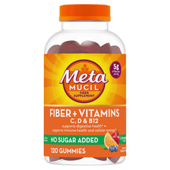 Metamucil envase frontal mostrando 120 gomitas, fácil identificación y ahorro