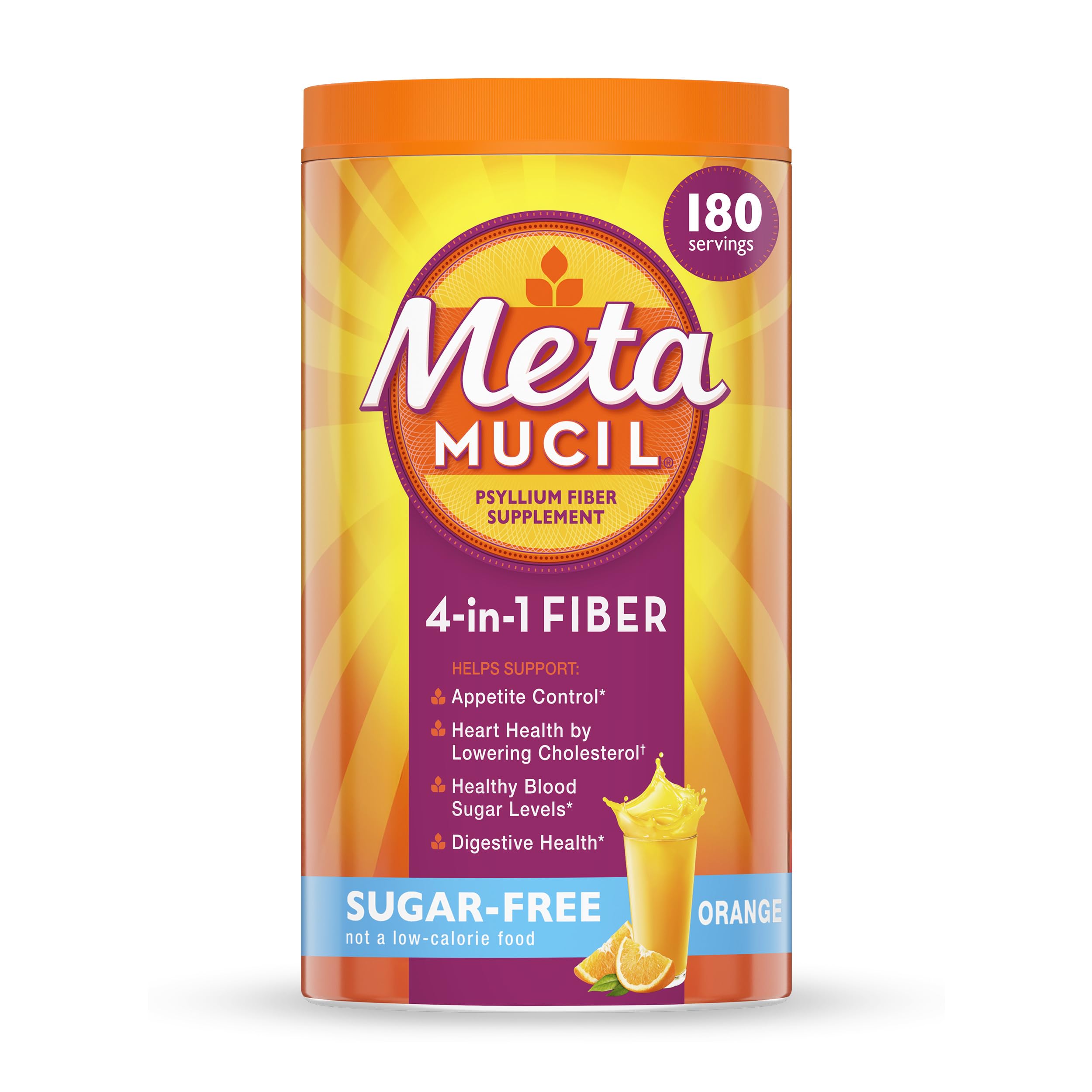 Metamucil envase frontal naranja mostrando marca y cantidad, claridad del producto