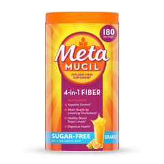 Metamucil envase frontal naranja mostrando marca y cantidad, claridad del producto