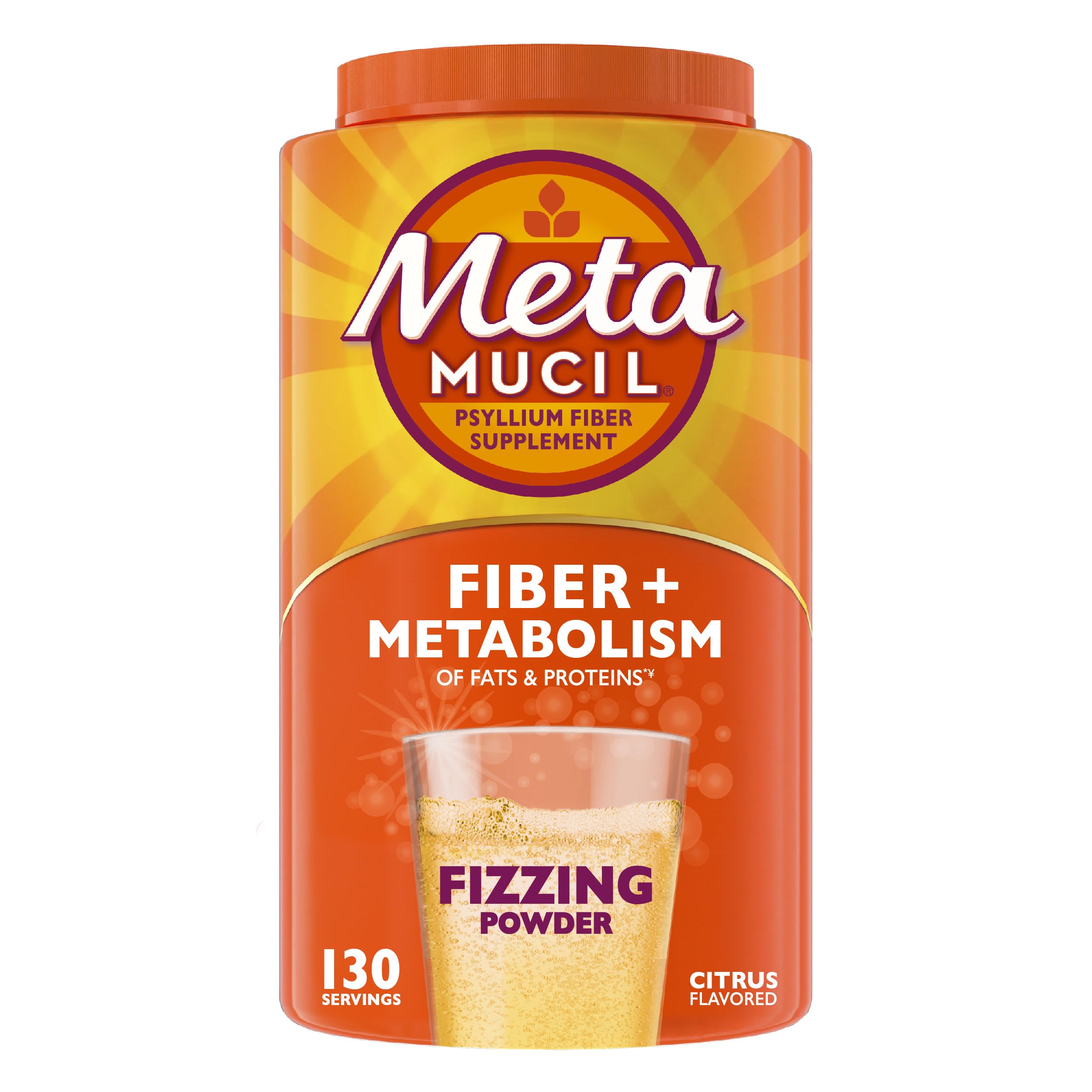 Metamucil vista frontal del envase mostrando la marca y porciones
