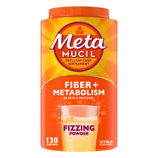 Metamucil vista frontal del envase mostrando la marca y porciones