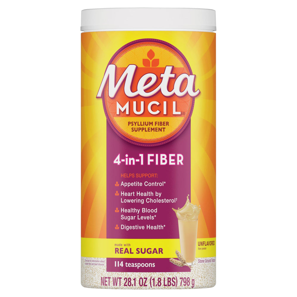 Metamucil frasco frontal mostrando presentación y porciones