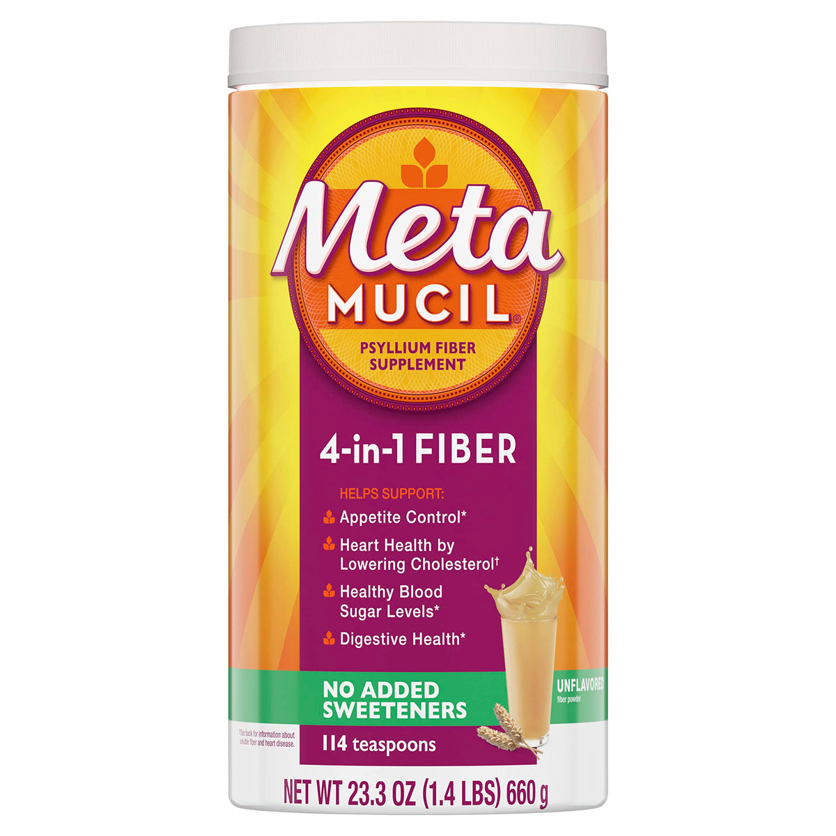 Metamucil frente del envase mostrando la presentación y beneficios visibles