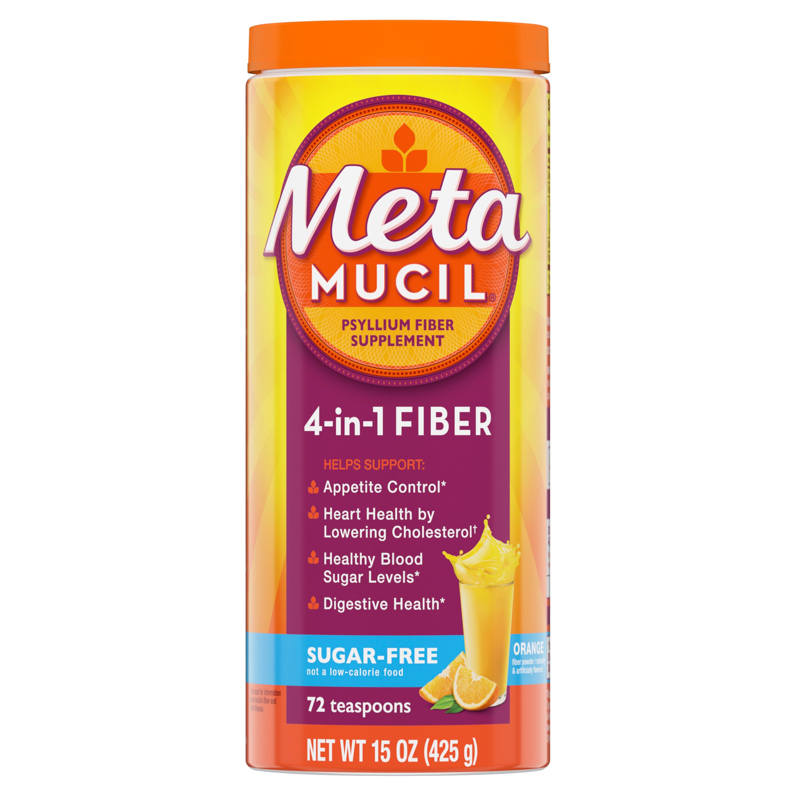 Metamucil envase frontal naranja mostrando presentación y beneficios visibles