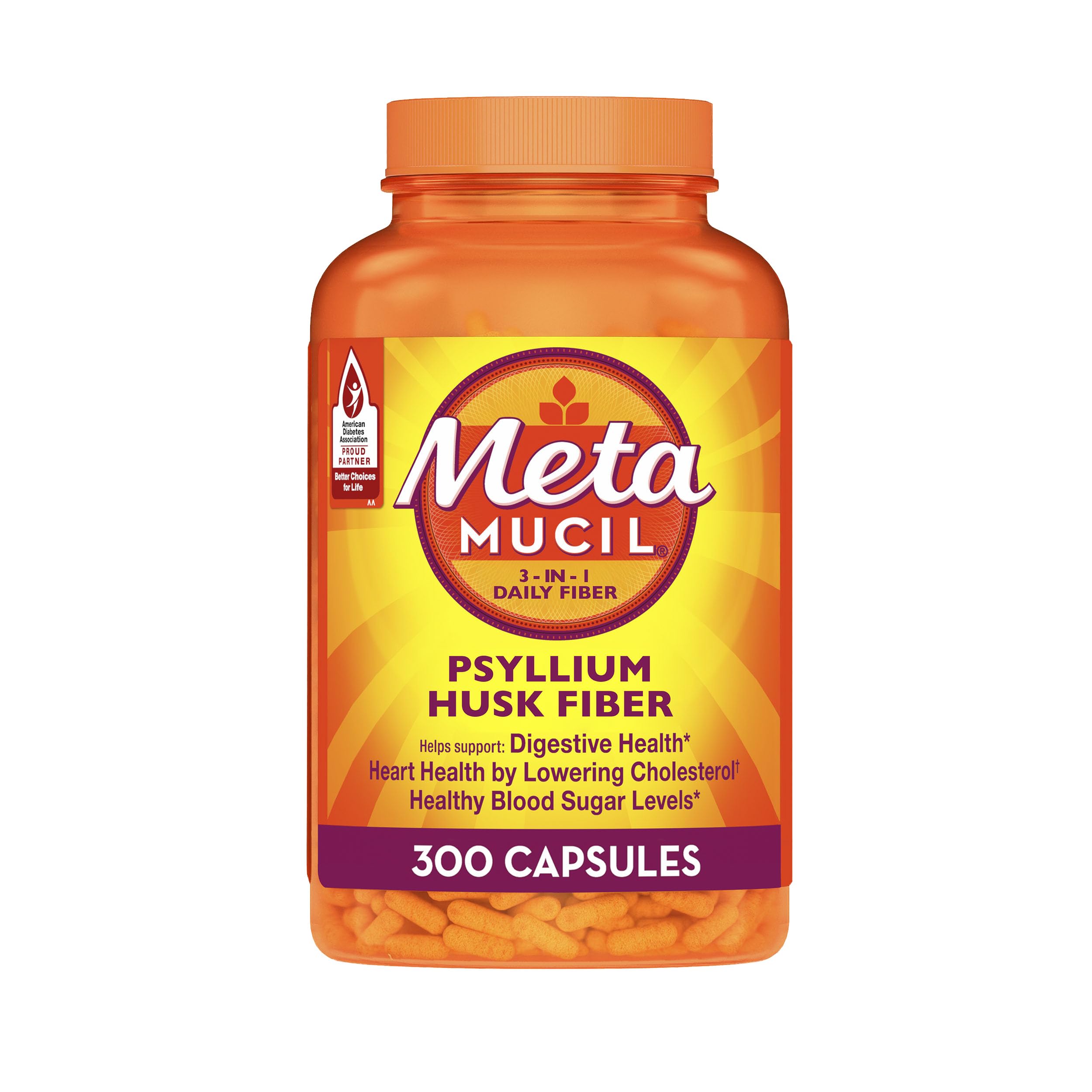 Metamucil envase frontal mostrando cápsulas y beneficios de fibra