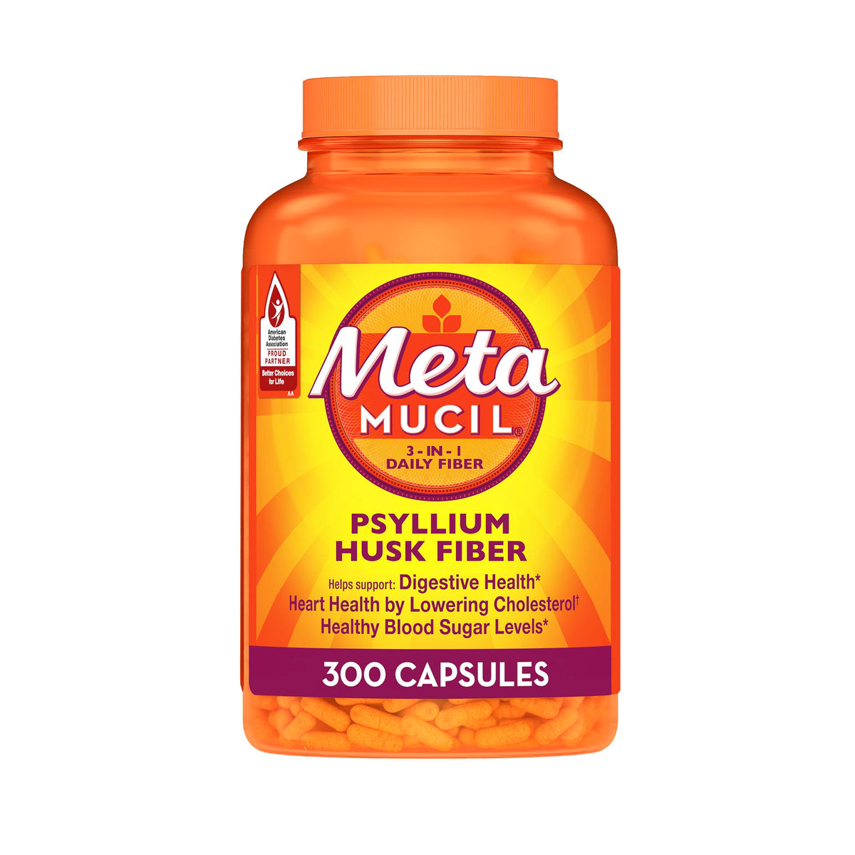 Metamucil envase frontal mostrando cápsulas y beneficios de fibra