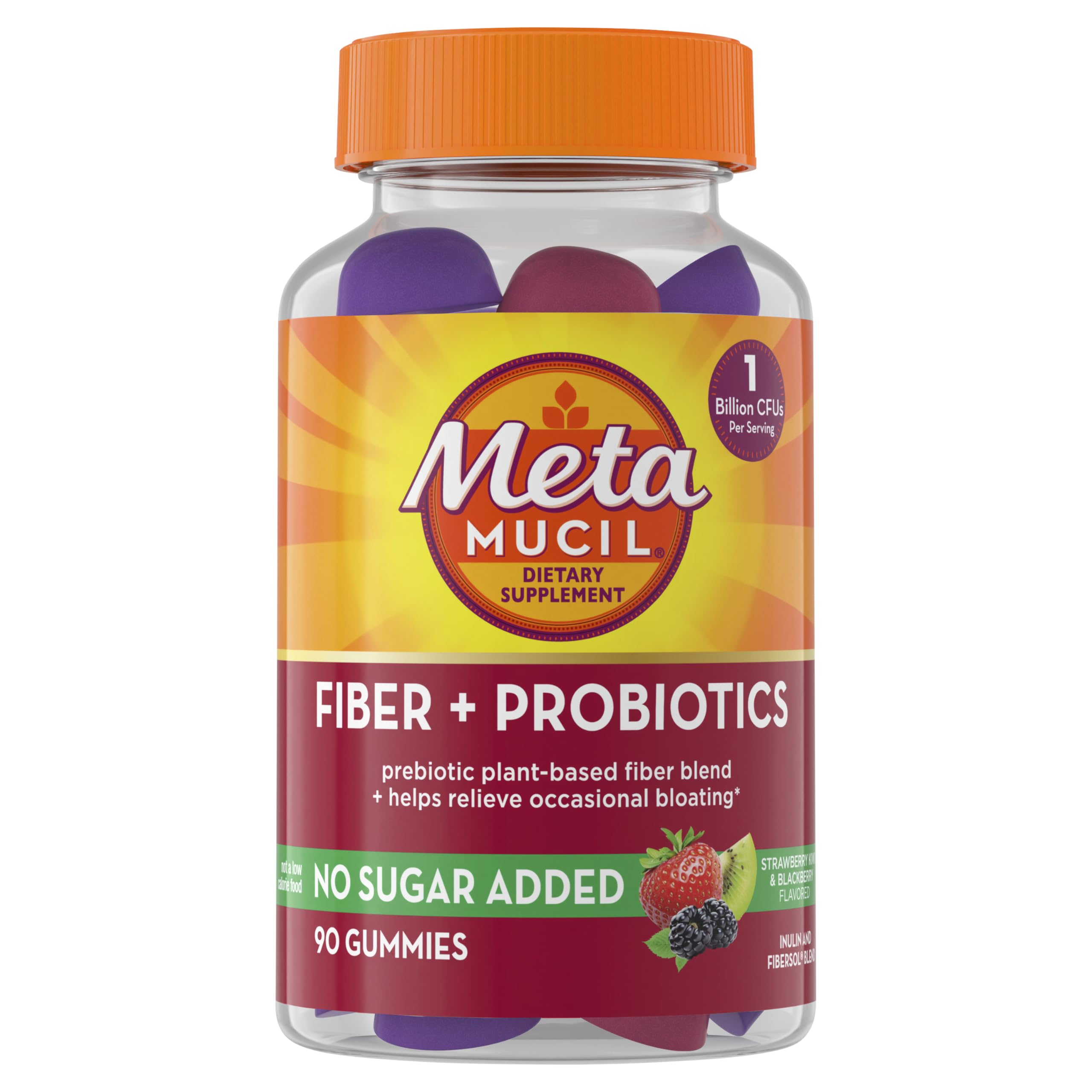 Metamucil envase frontal mostrando 90 gominolas y conveniencia