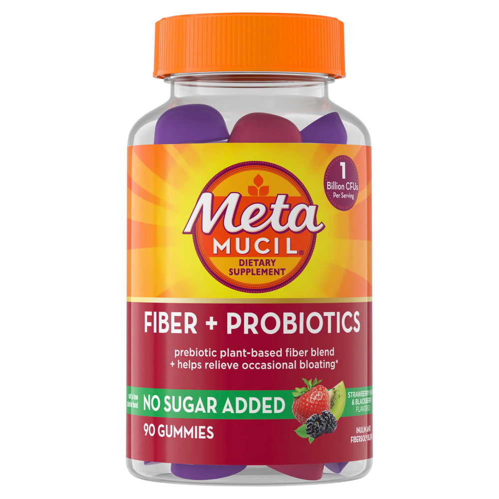 Metamucil envase frontal mostrando 90 gominolas y conveniencia