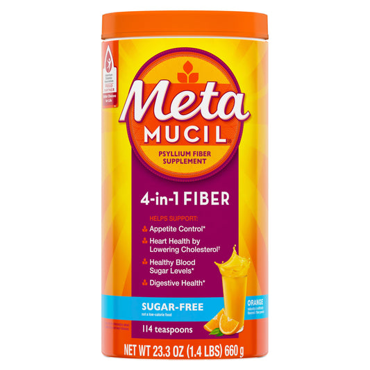 Metamucil envase frontal mostrando tamaño y sabor naranja beneficios digestivos