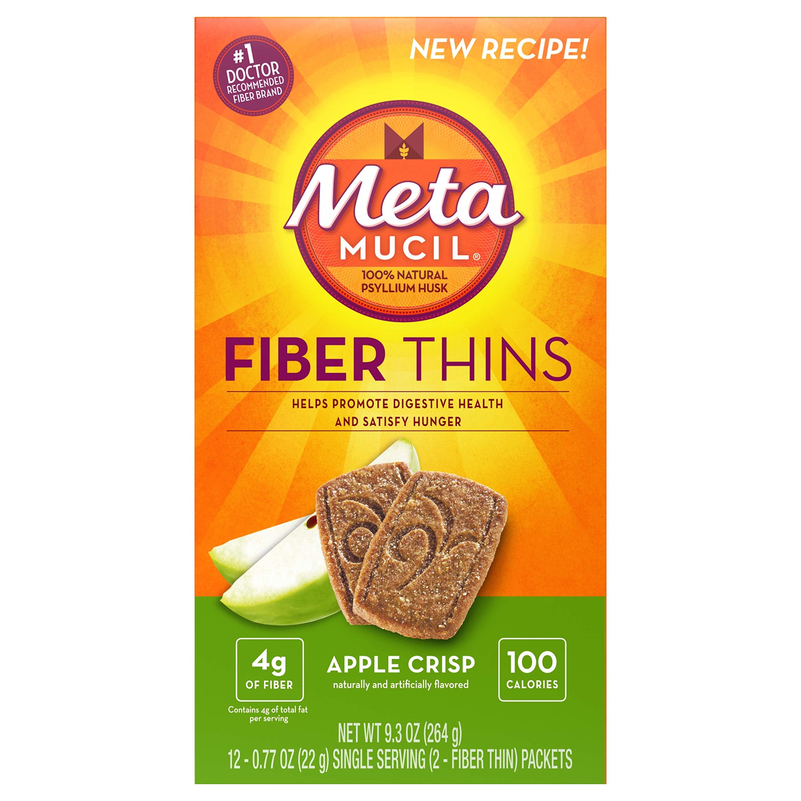 Metamucil galletas Apple Crisp frente, muestra presentación y conveniencia