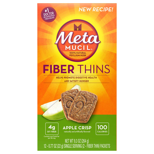 Metamucil galletas Apple Crisp frente, muestra presentación y conveniencia