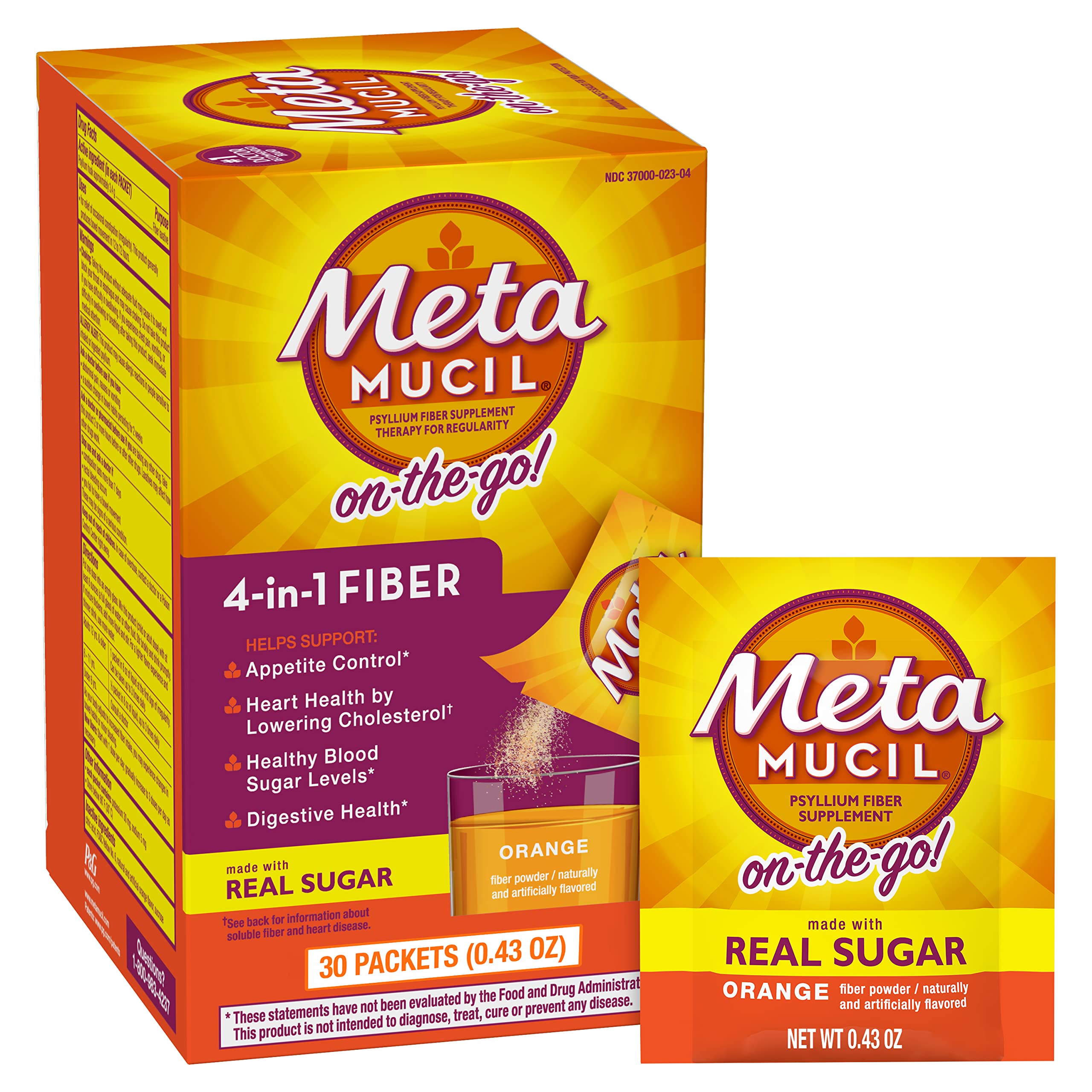 Metamucil paquete frontal mostrando cantidad 60 sobres y comodidad
