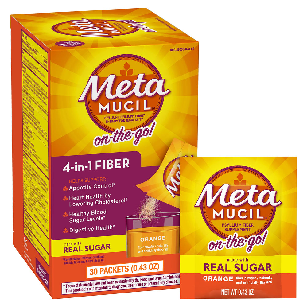 Metamucil paquete frontal mostrando cantidad 60 sobres y comodidad