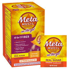 Metamucil paquete frontal mostrando cantidad 60 sobres y comodidad