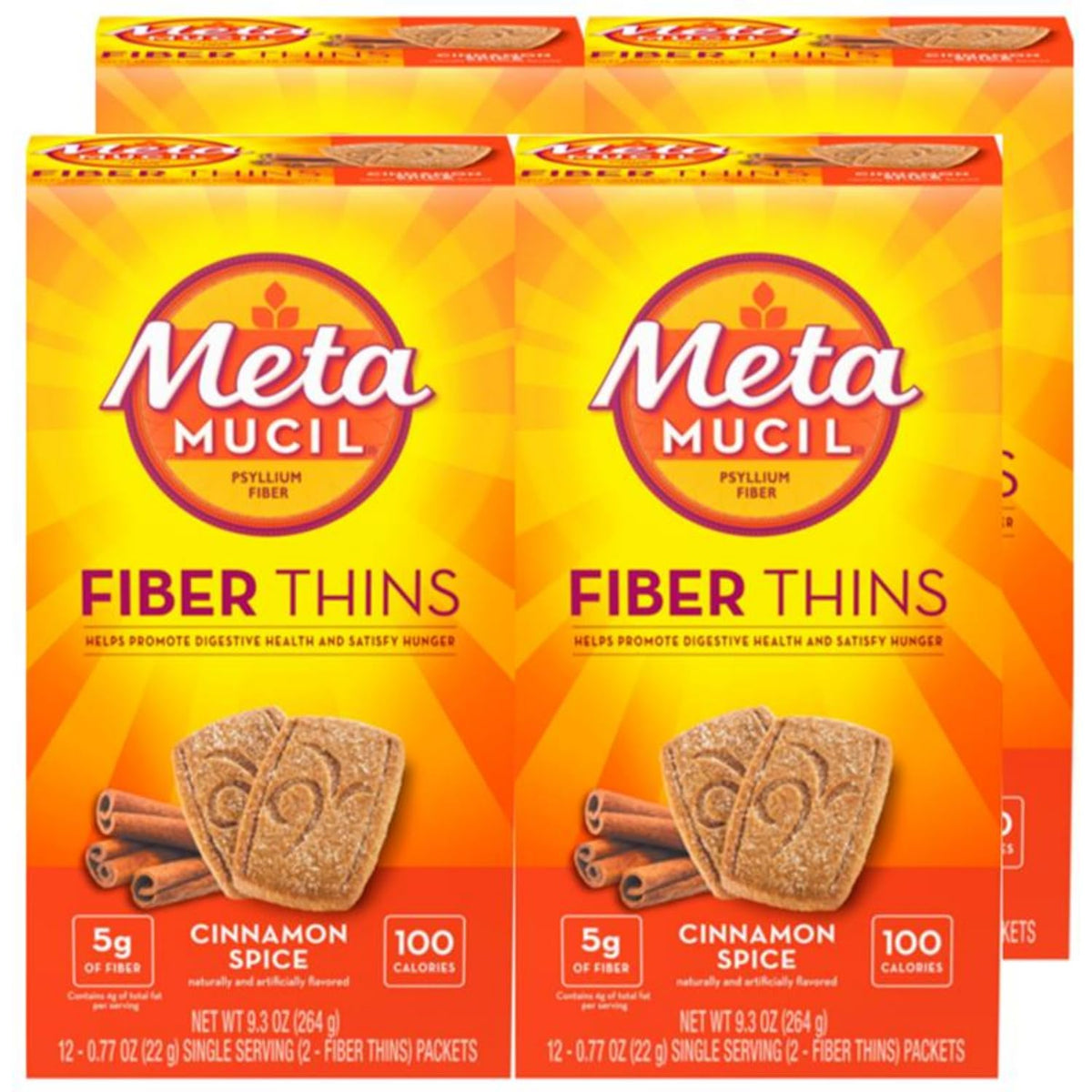 Metamucil paquete frontal canela mostrando porciones y beneficio de fibra