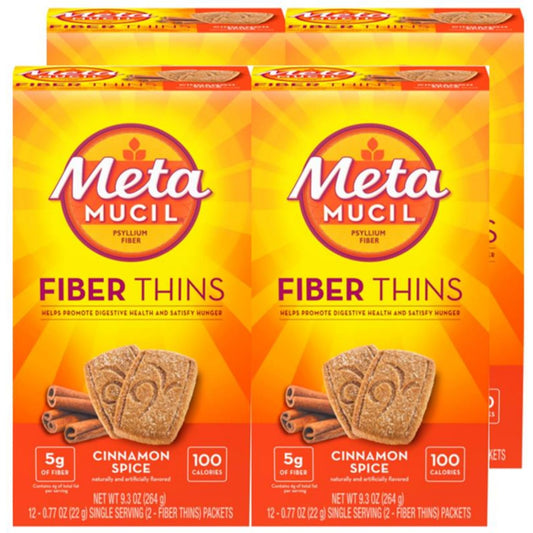 Metamucil paquete frontal canela mostrando porciones y beneficio de fibra