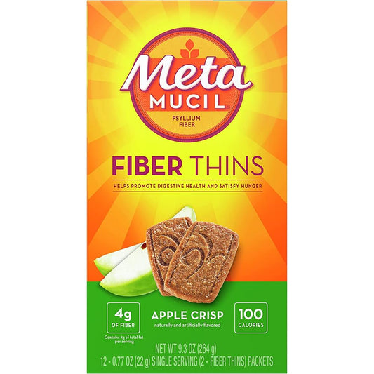 Metamucil wafer frente del empaque mostrando porciones selladas y facilidad para llevar