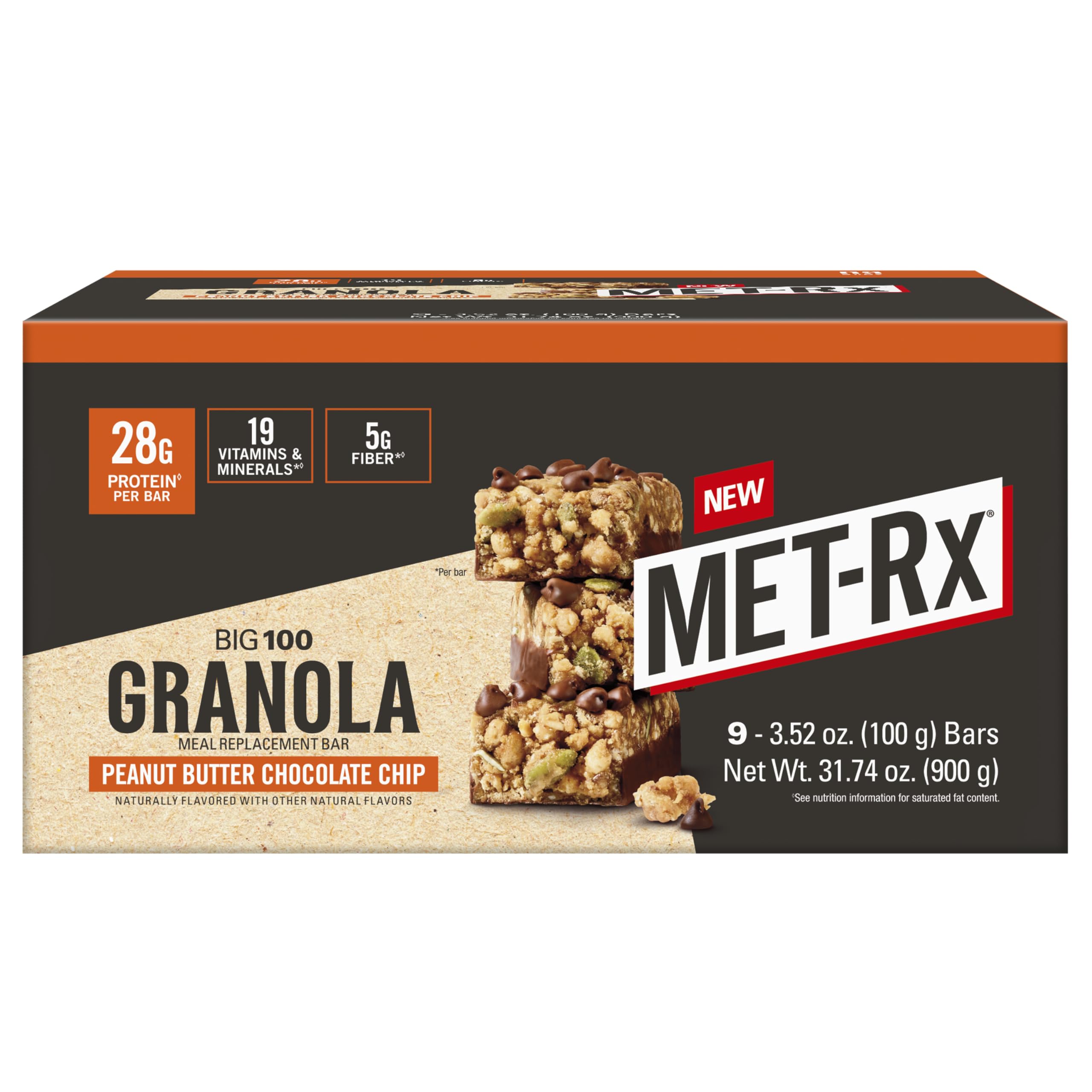 MET-Rx paquete frontal mostrando diseño y sabor Peanut Butter Chocolate Chip, práctico para llevar