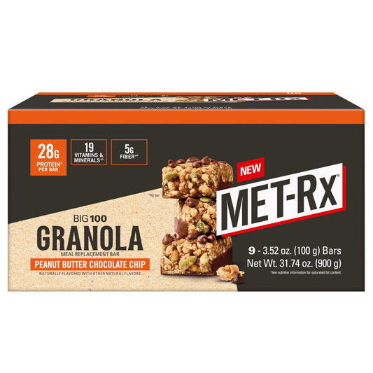 MET-Rx paquete frontal mostrando diseño y sabor Peanut Butter Chocolate Chip, práctico para llevar