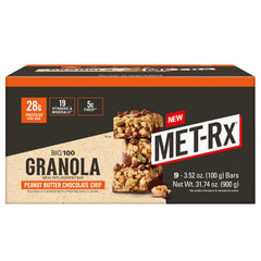 MET-Rx paquete frontal mostrando diseño y sabor Peanut Butter Chocolate Chip, práctico para llevar