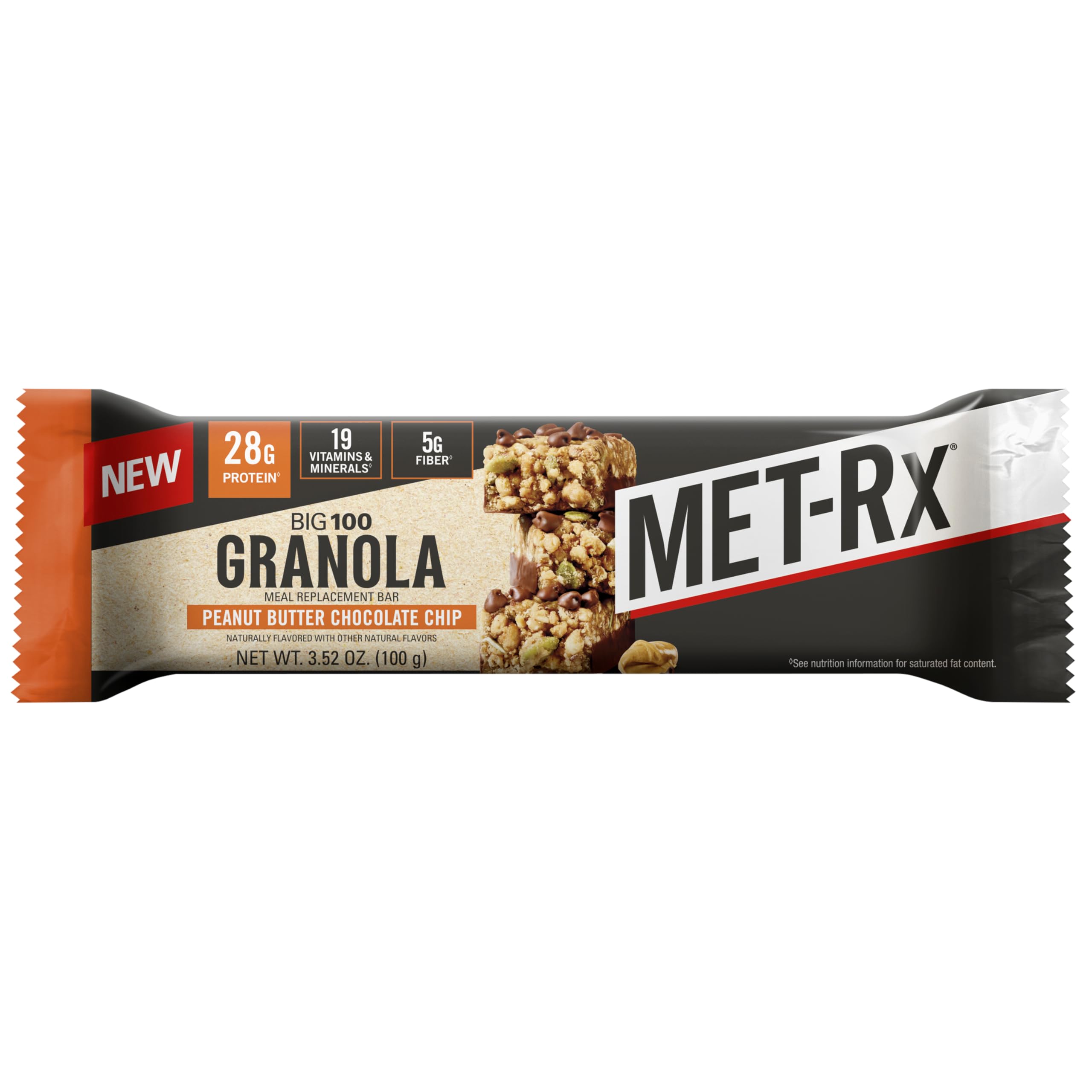 MET-Rx detalle interior y textura de granola con trozos de chocolate, aporta saciedad