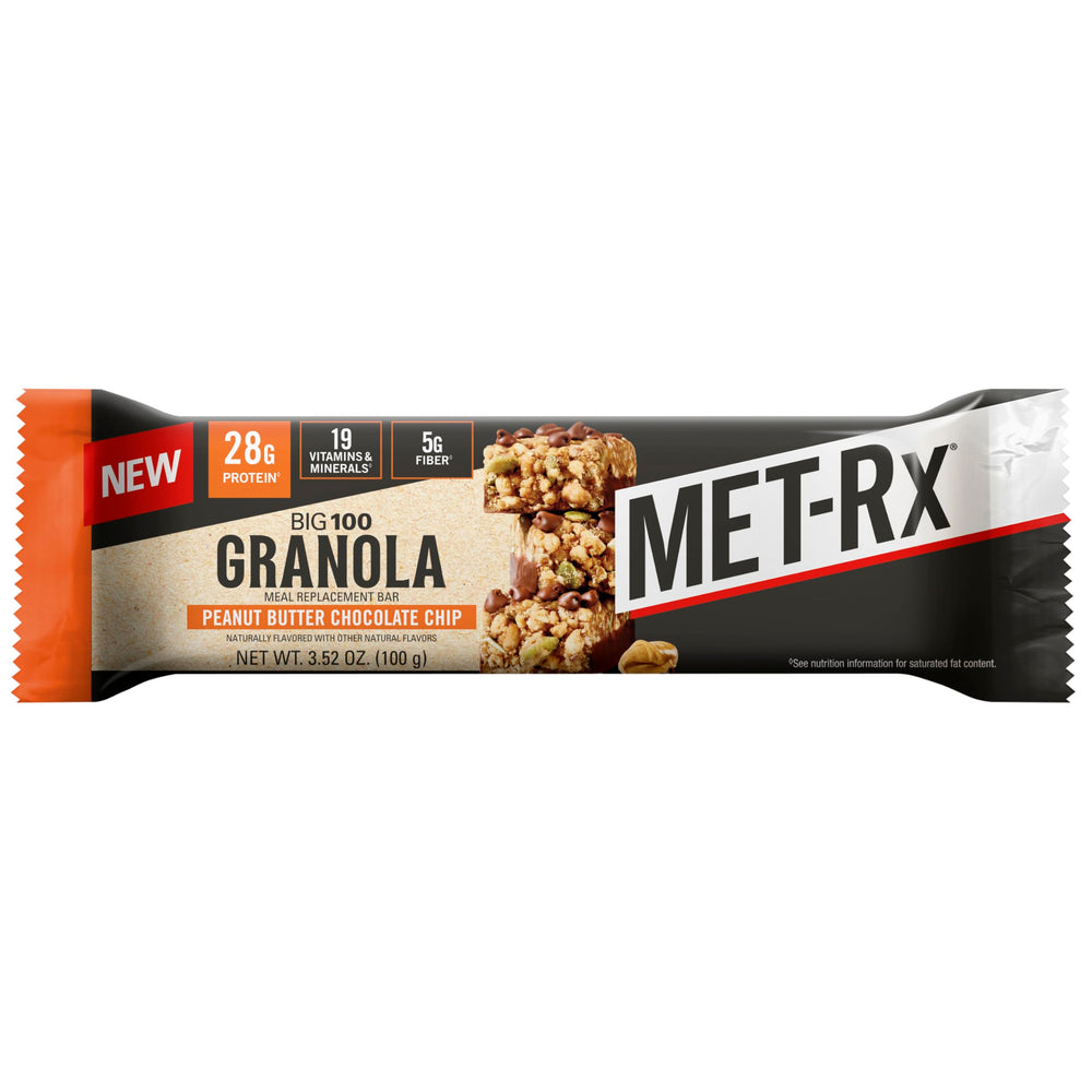 MET-Rx detalle interior y textura de granola con trozos de chocolate, aporta saciedad