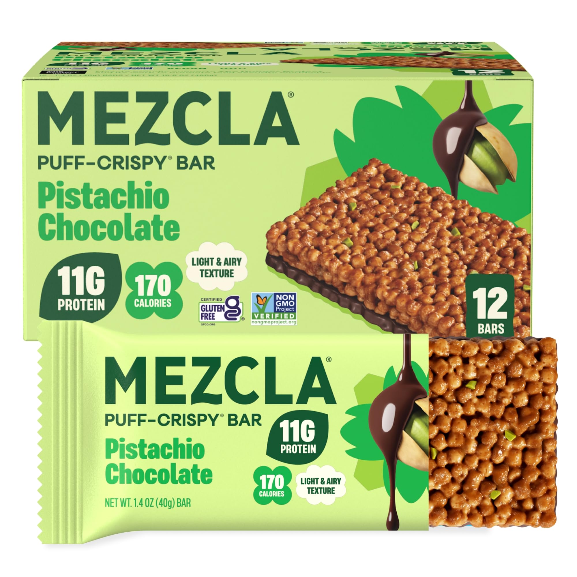 Mezcla frente del paquete mostrando branding y sabor pistacho chocolate