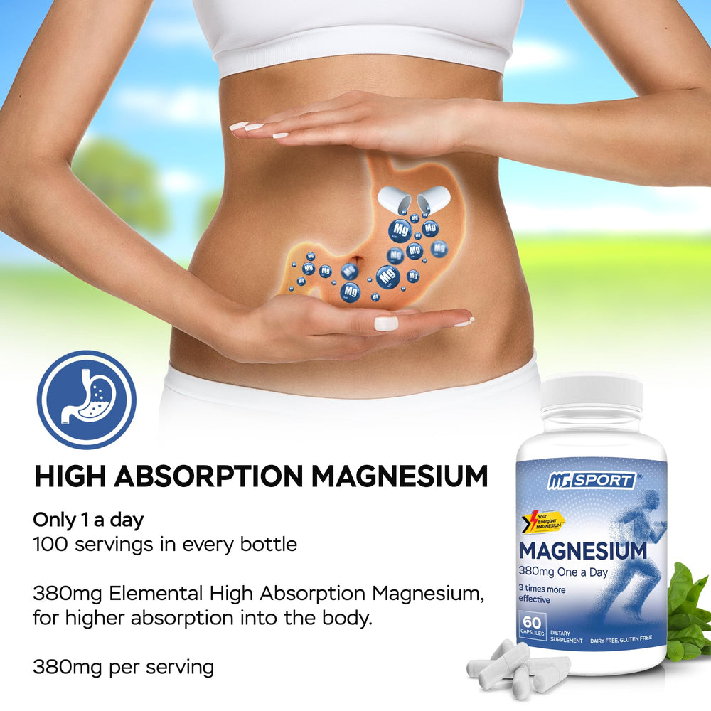MgSport cápsula en mano indicando dosis única de 380 mg fácil de tragar