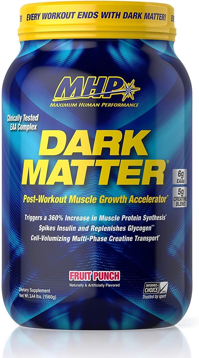 MHP Dark Matter envase junto a mancuerna para comparar tamaño práctico