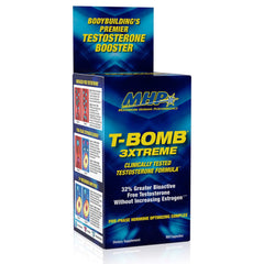 MHP T-Bomb 3xtreme vista frontal mostrando el envase y beneficio de soporte hormonal