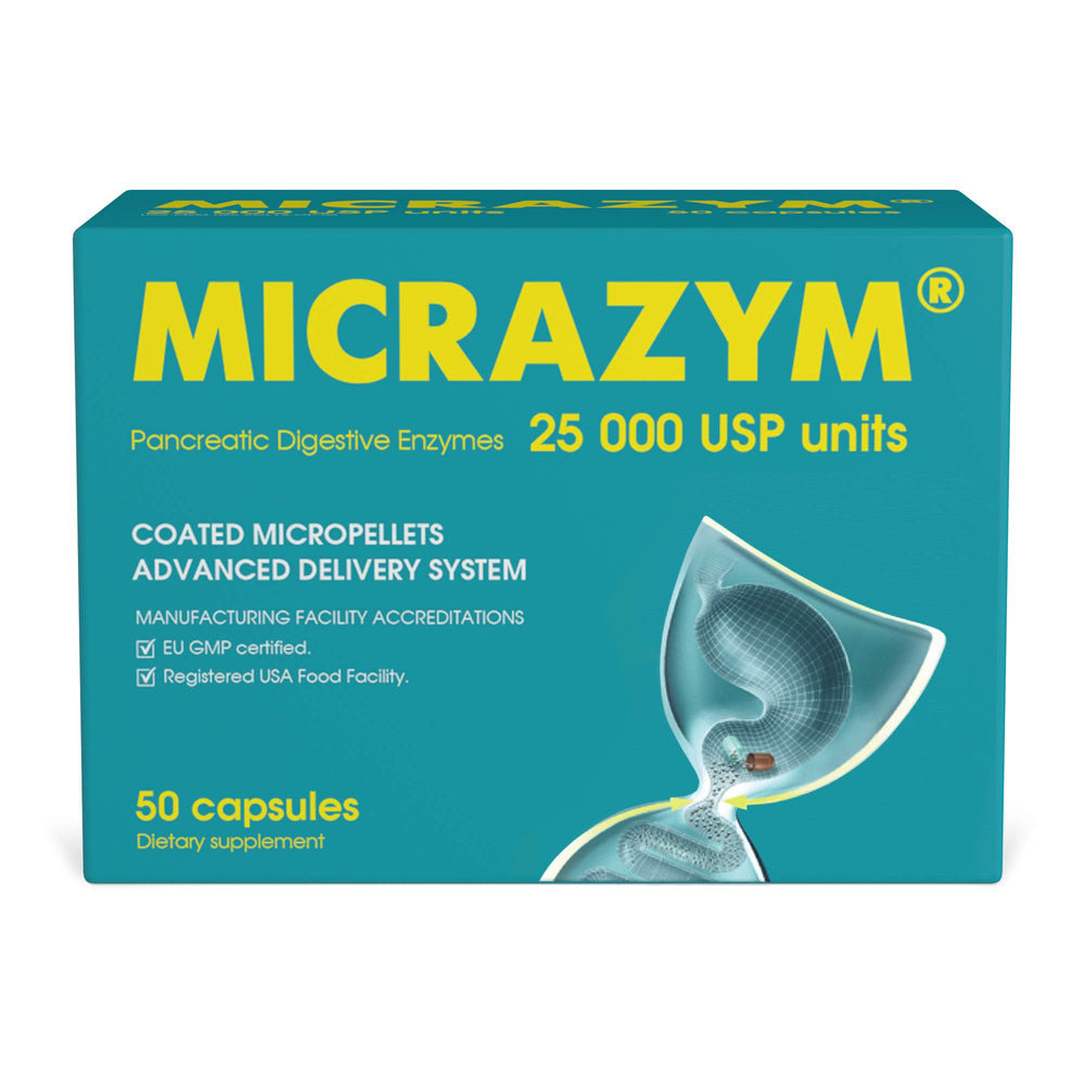 Micrazym frontal del envase mostrando la marca y concentración 25.000 USP, confianza.