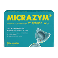 Micrazym frontal del envase mostrando la marca y concentración 25.000 USP, confianza.