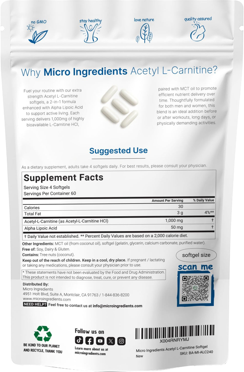 Etiqueta nutricional de Micro Ingredients en primer plano que resalta cantidades por servicio