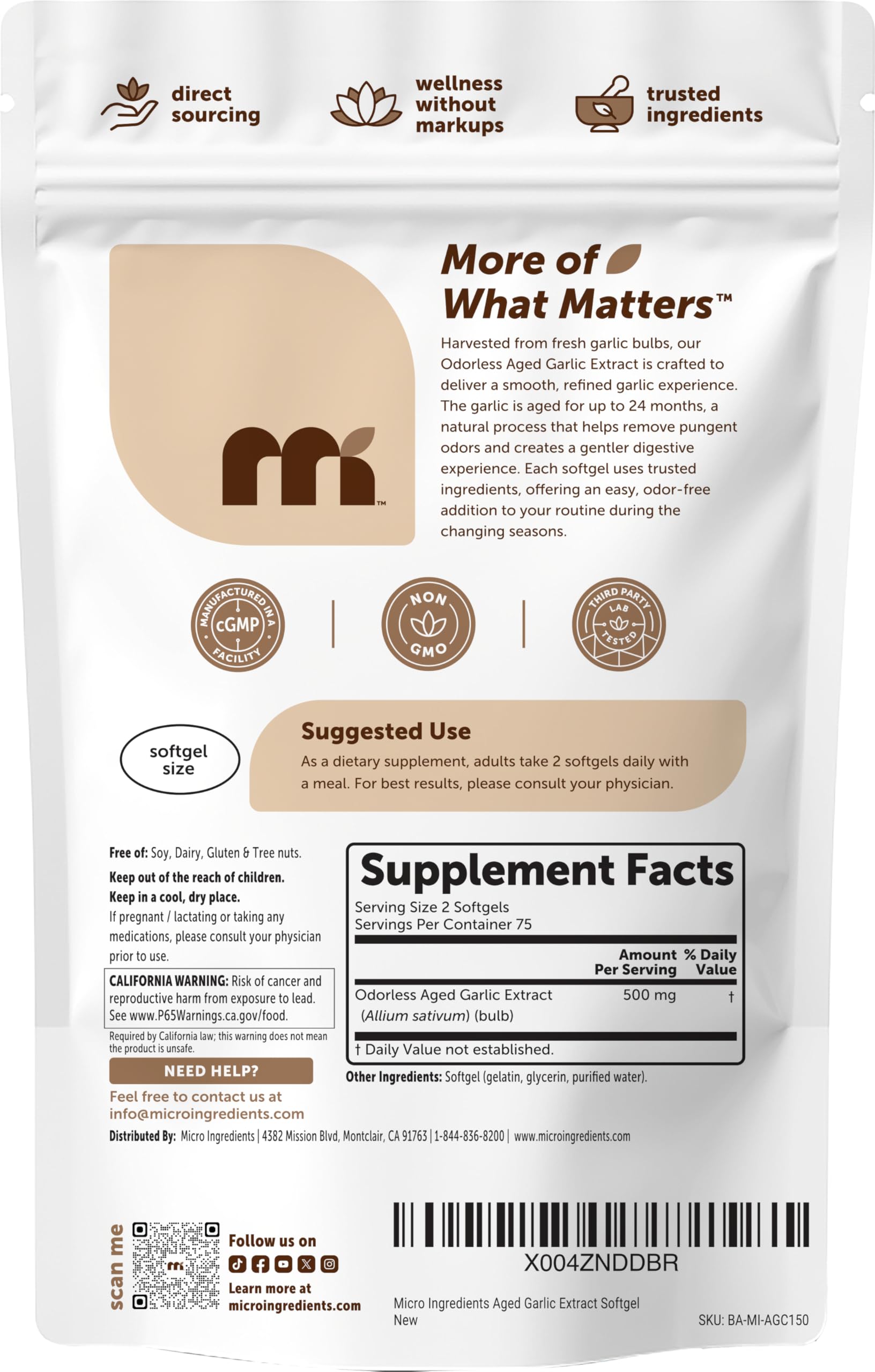 Micro Ingredients etiqueta con lista de ingredientes y certificaciones de calidad