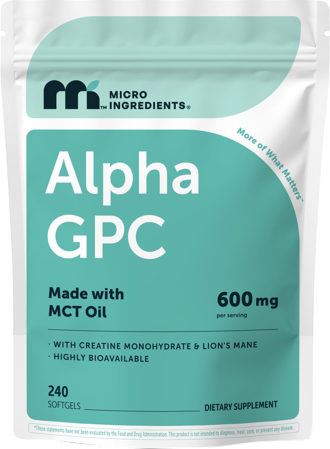 Micro Ingredients Alpha GPC vista frontal del frasco, presentación clara y profesional