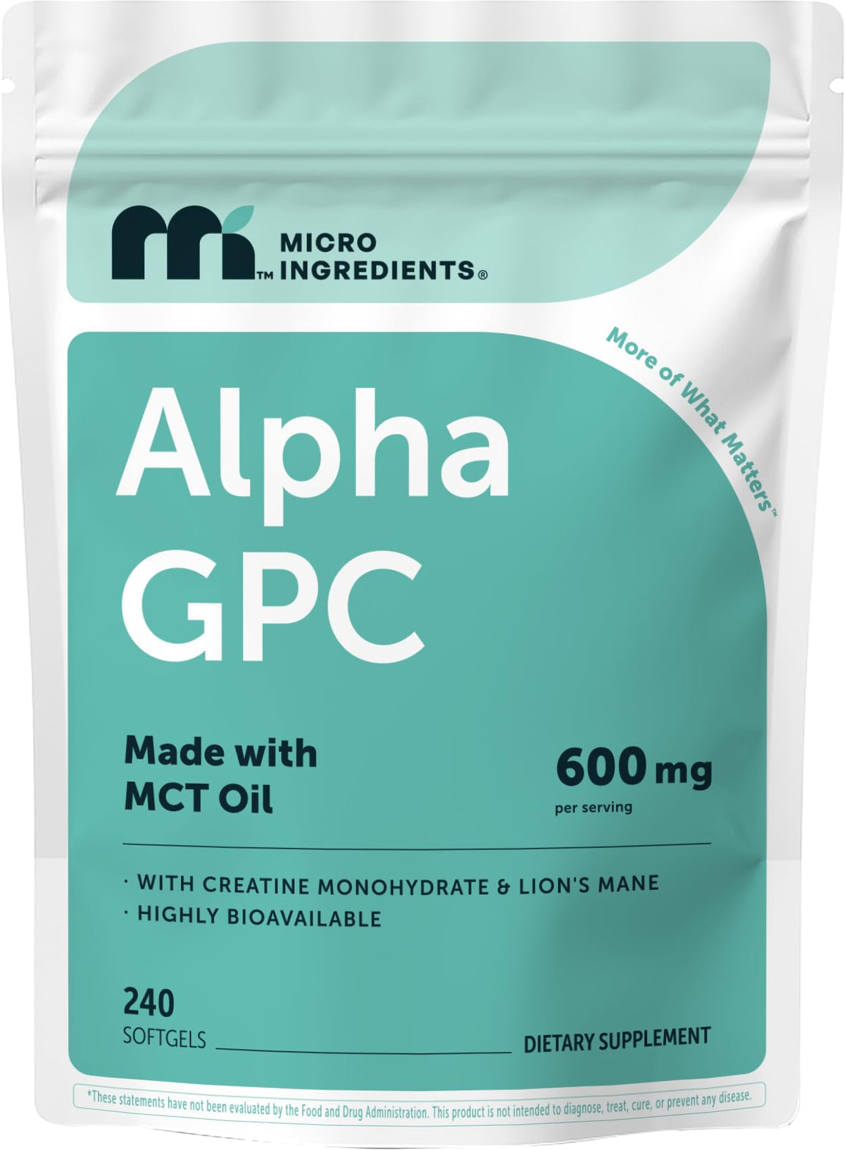 Micro Ingredients Alpha GPC vista frontal del frasco, presentación clara y profesional