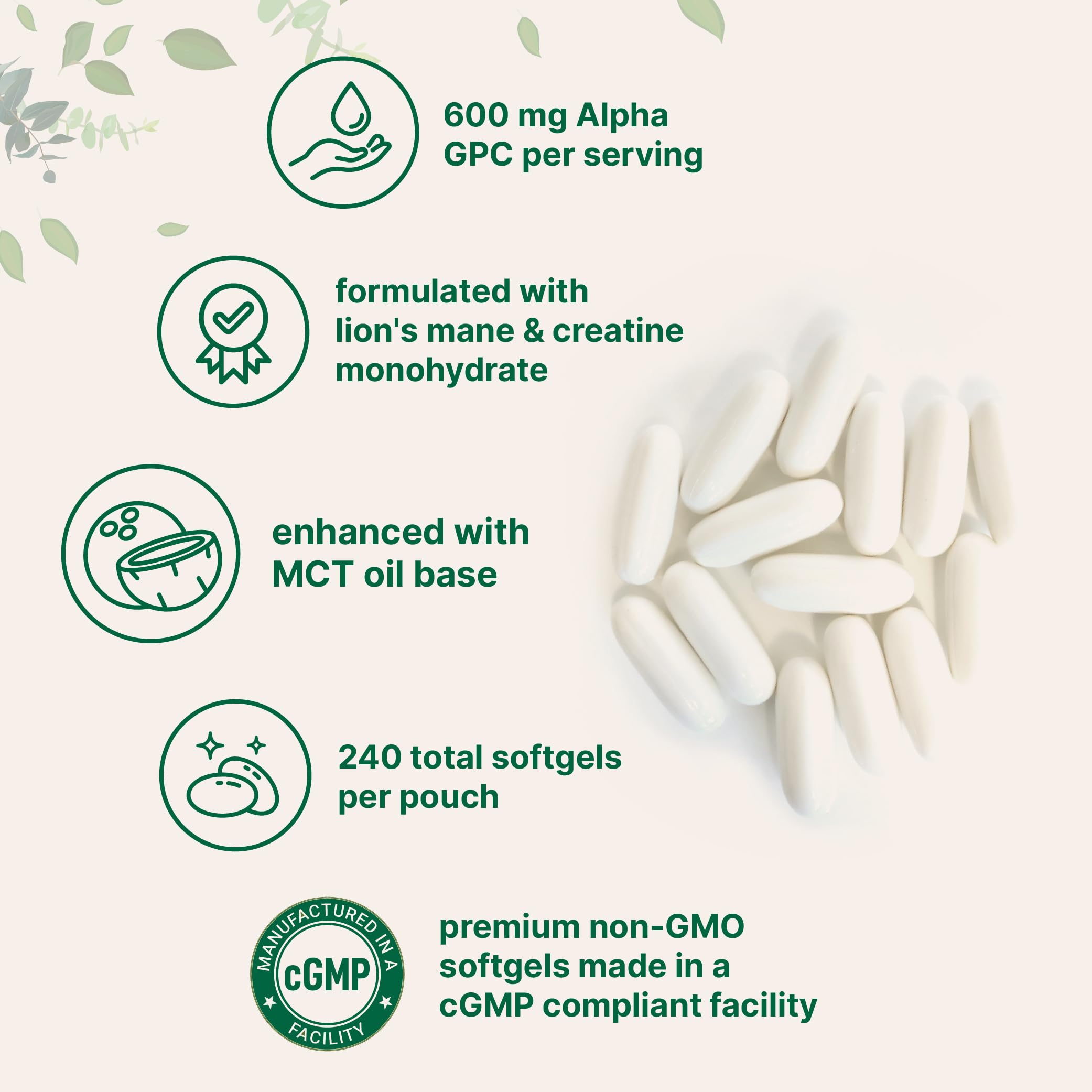 Micro Ingredients Alpha GPC softgel en la mano para mostrar tamaño y facilidad de ingestión
