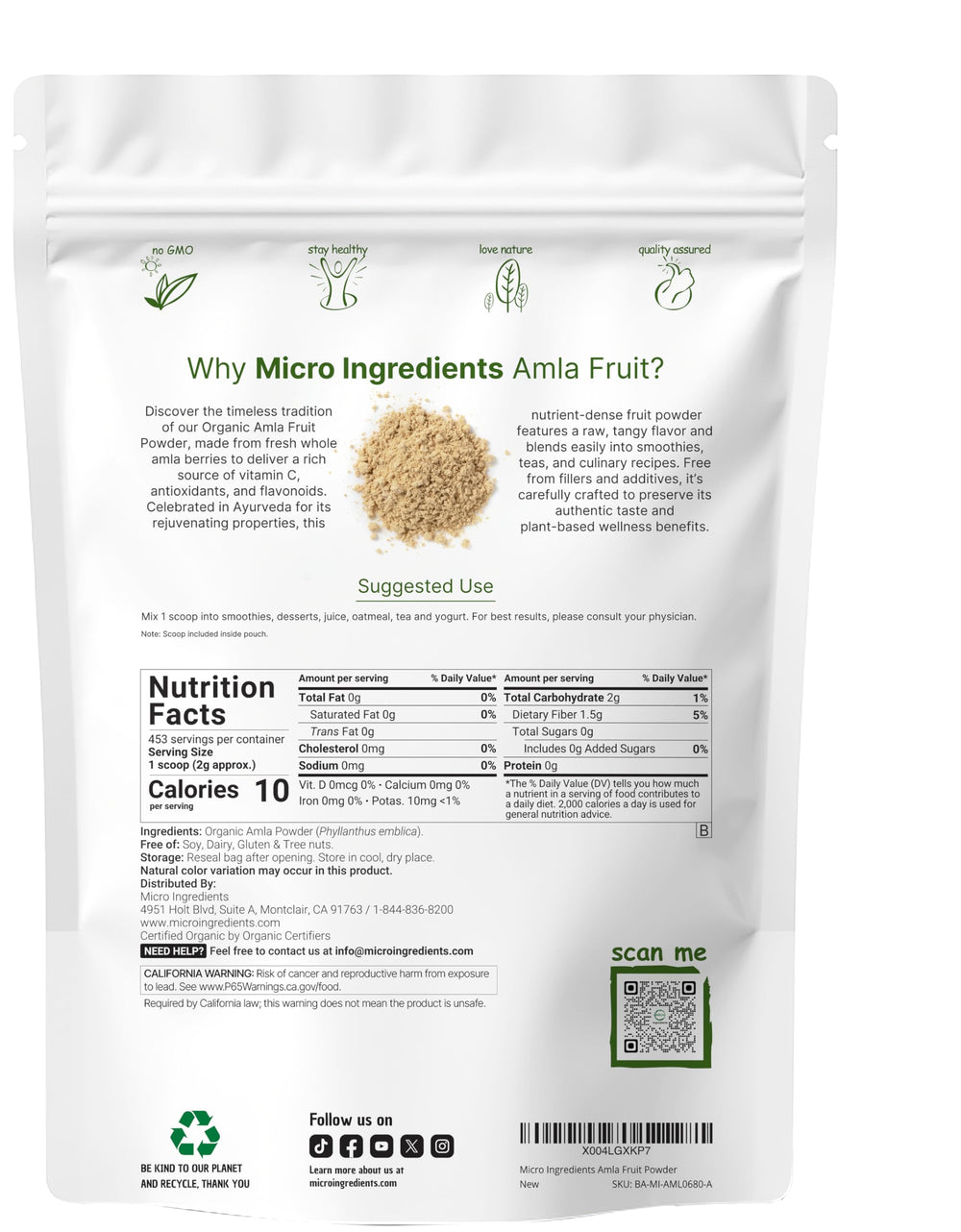 Micro Ingredients amla textura del polvo en primer plano, fácil de mezclar