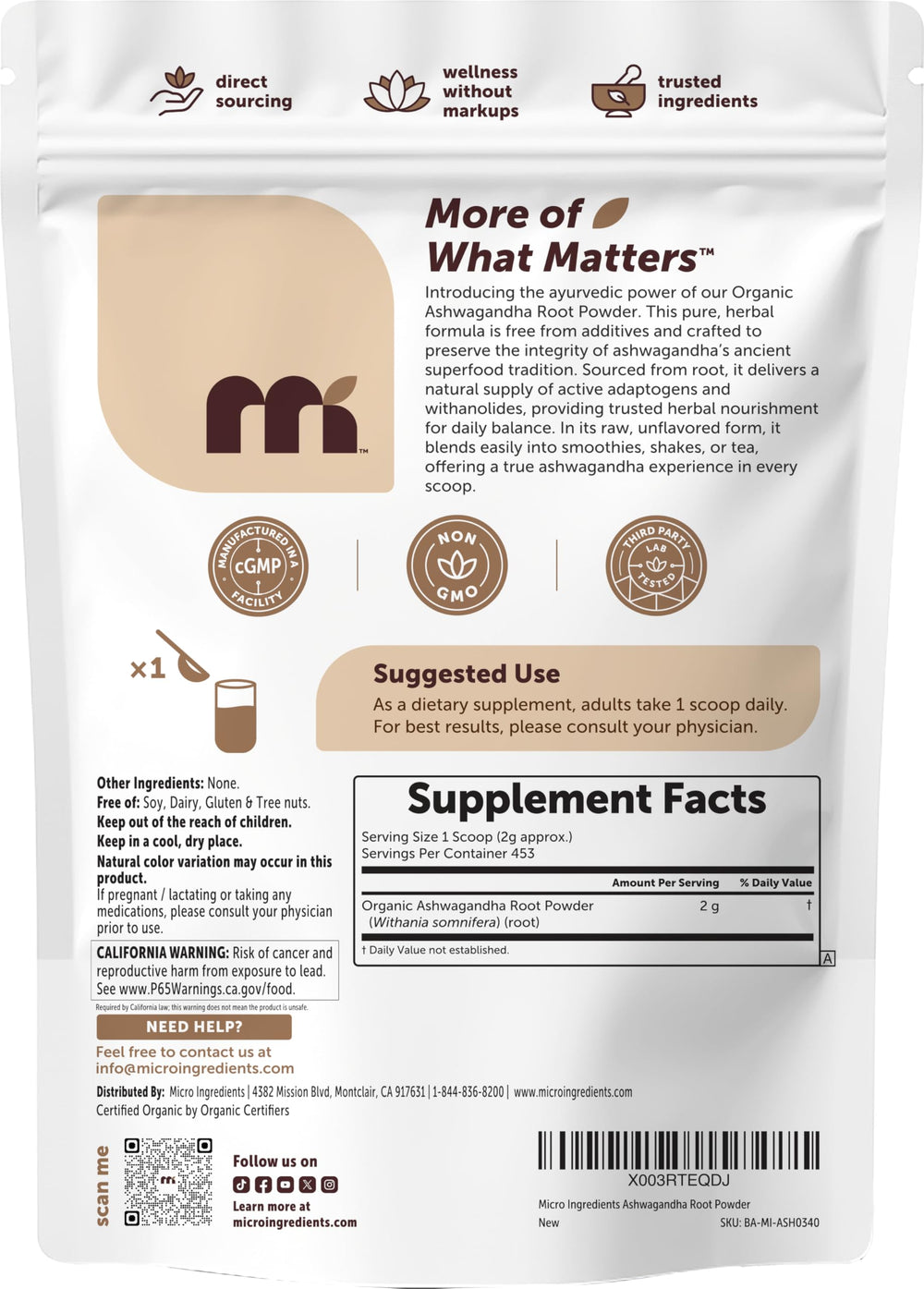 Comparación de tamaño de la bolsa Micro Ingredients junto a objetos cotidianos