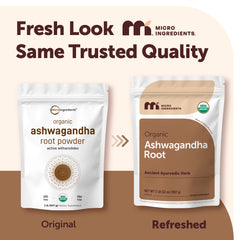 Close-up textura del polvo de ashwagandha Micro Ingredients, aspecto fino y puro
