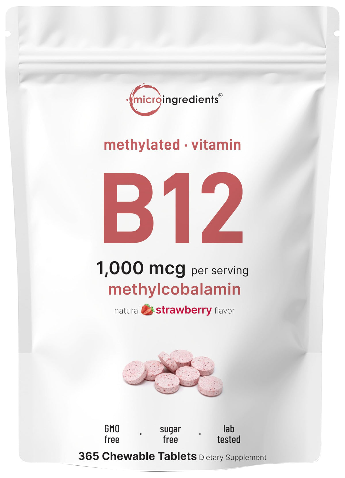 Micro Ingredients empaque frontal de Vitamin B12 con suministro anual y beneficio de dosis clara
