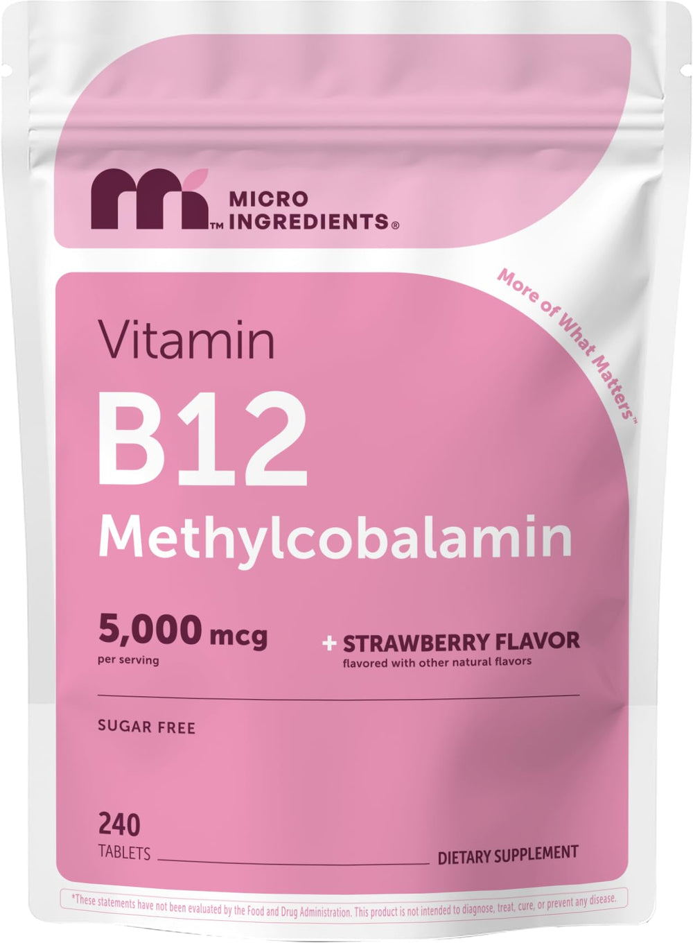 Micro Ingredients envase frontal de B12 5000 mcg mostrando 240 tabletas y beneficio de conveniencia