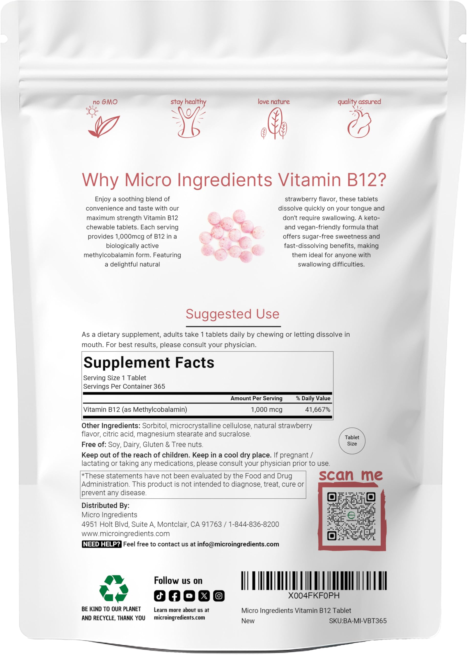 Micro Ingredients textura de tableta masticable mostrando forma y beneficio de fácil disolución