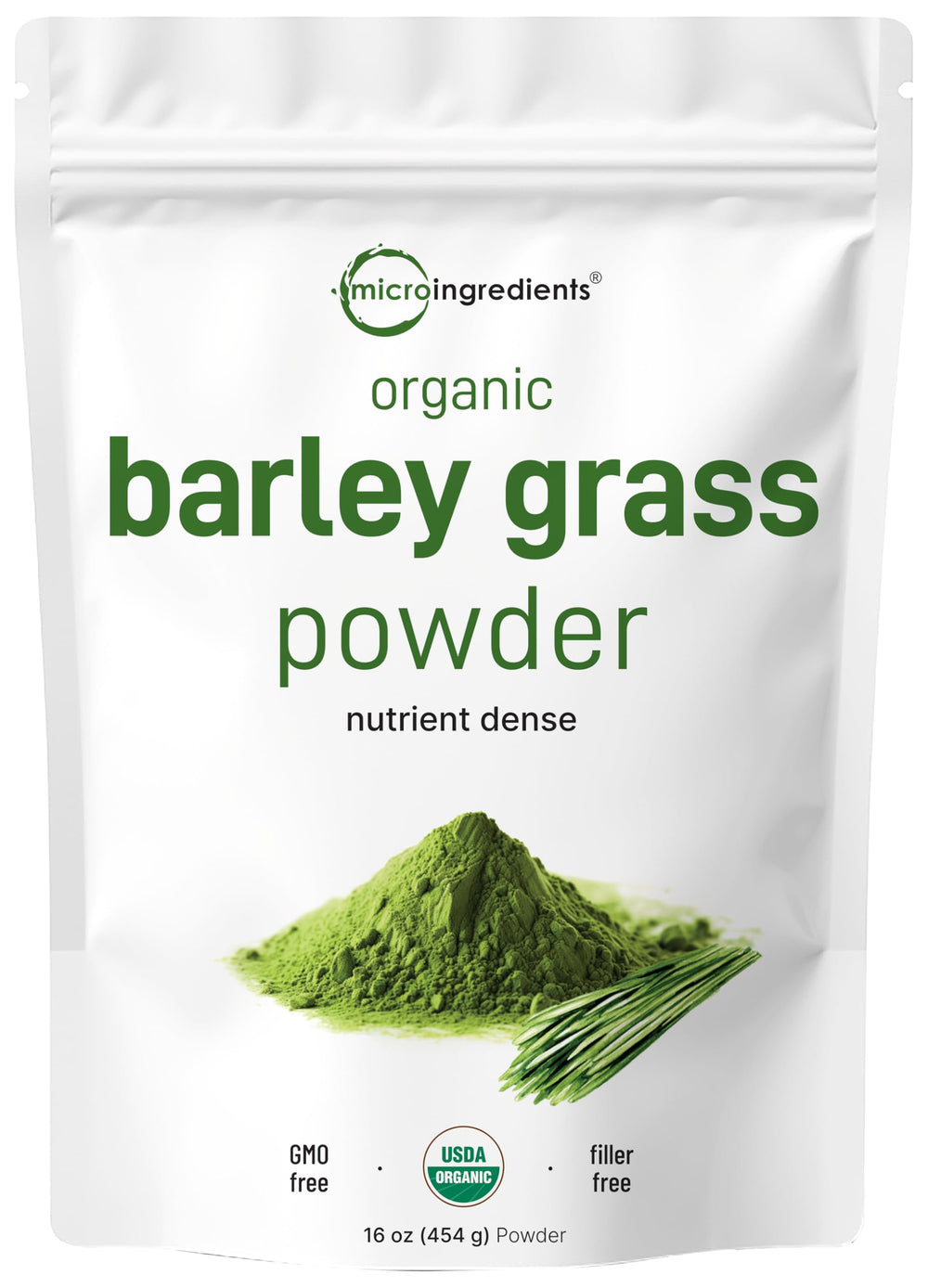 Micro Ingredients envase frontal del polvo de pasto de cebada mostrando pureza y confianza