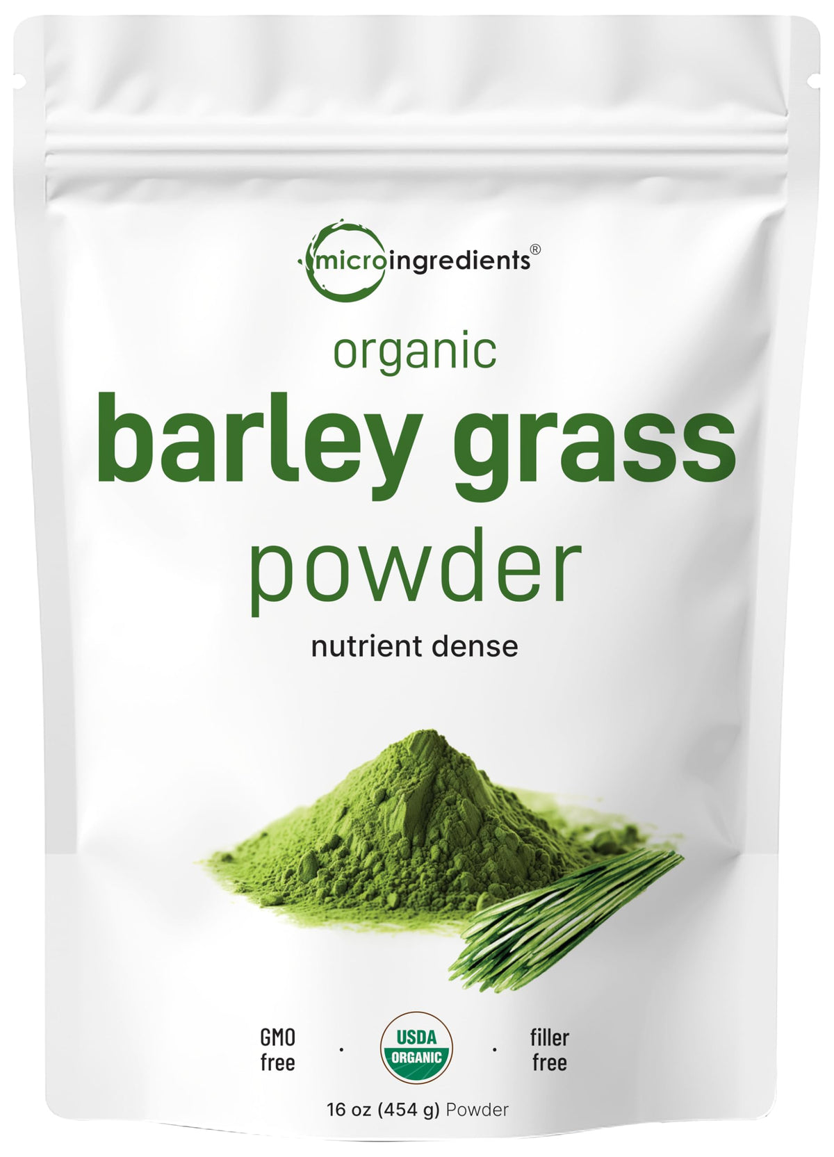 Micro Ingredients envase frontal del polvo de pasto de cebada mostrando pureza y confianza